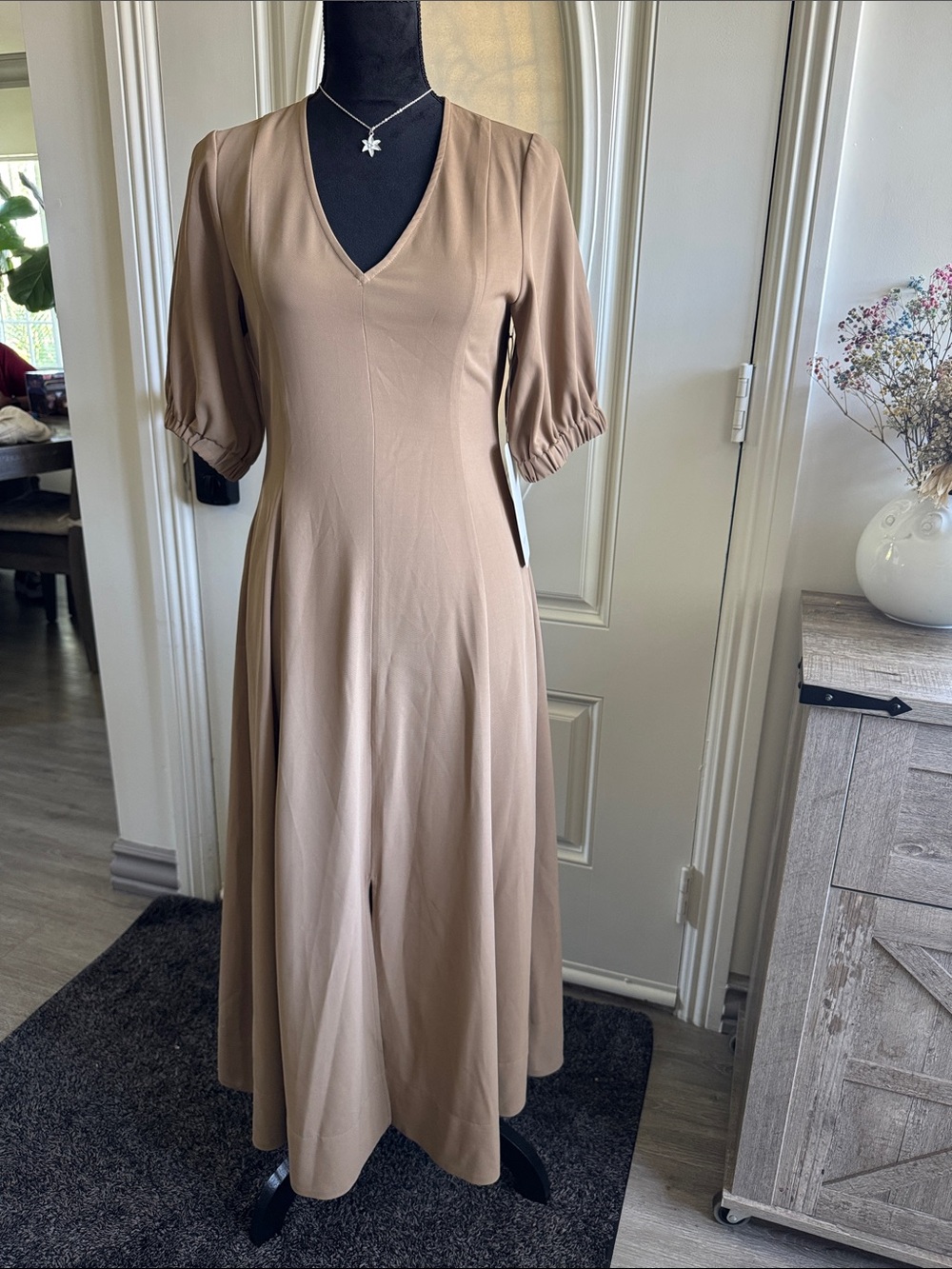 V-Neck Midi Dress with Slight Puff Sleeves in Camel